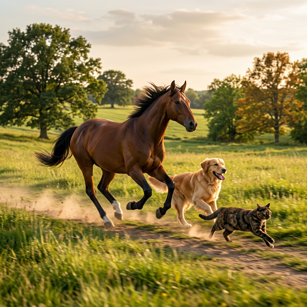 Horse, golden retriever dog, and tabby cat running together on a dirt path in a green field