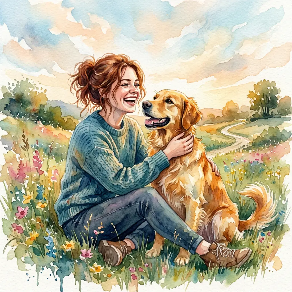 Woman in blue sweater happily hugging golden retriever in a flower-filled meadow